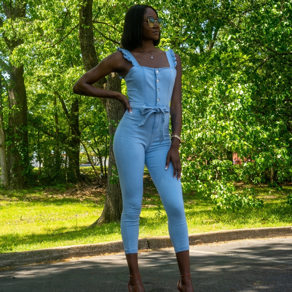 Light Denim Ruffle Jumpsuit